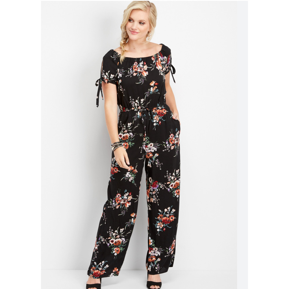 Vibes Floral Black Pink Jumpsuit Romper Womens 2X Off the Shoulder Rayon Stretch